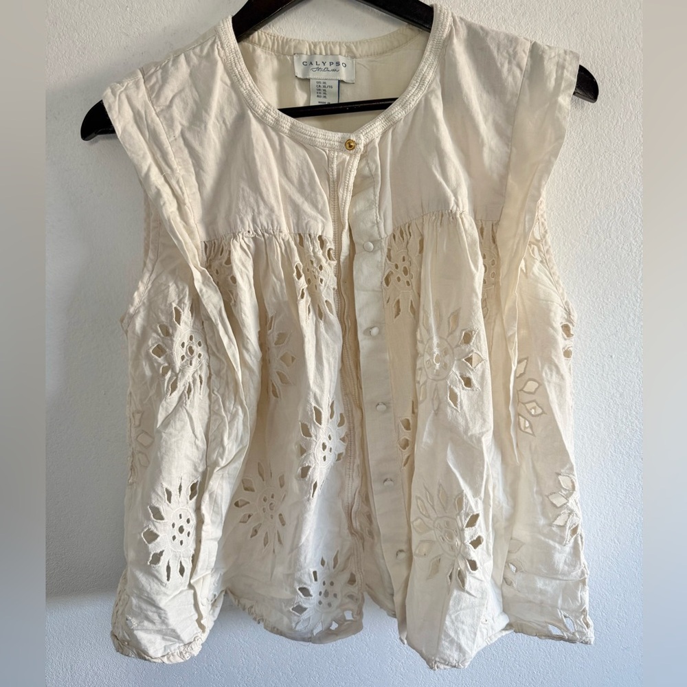 Calypso St. Barth Ivory Eyelet Blouse Size XL Boho Embroidered Cotton Top